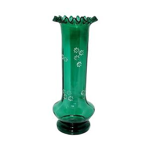 Moser Bohemian Czech Hand Blown Glass Hand Painted Green Enamel Ruffled Vase 10”